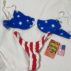 Blue Star Bikini Top and Red Striped Bottom Set